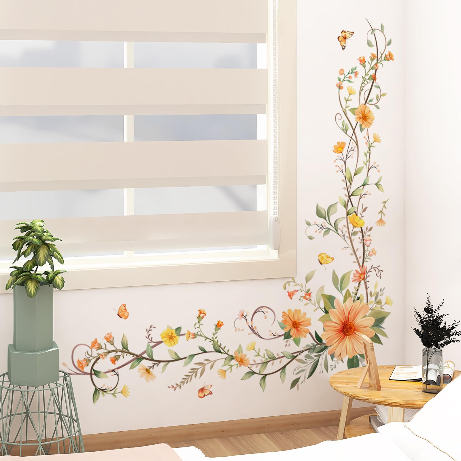 Tanlaby Daisy Flowers Vine Wall Stickers Yellow Wildflower Green Leaves ...