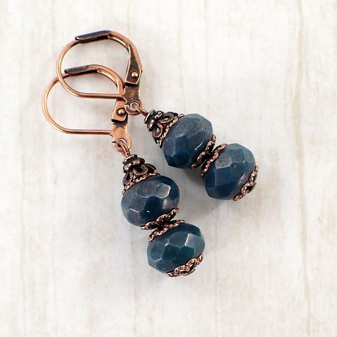 Dark Teal Czech Glass Rondelle Bead Lever Back Earrings in Antiqued Copper