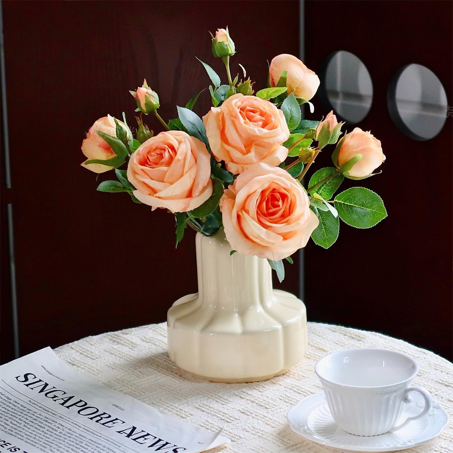 Fluted Ceramic Vase - 5.7" Cream White Cylindrical Vase, Ribbed Texture Modern Decor for Table, Shelf - Small to Medium Flower Arrangements