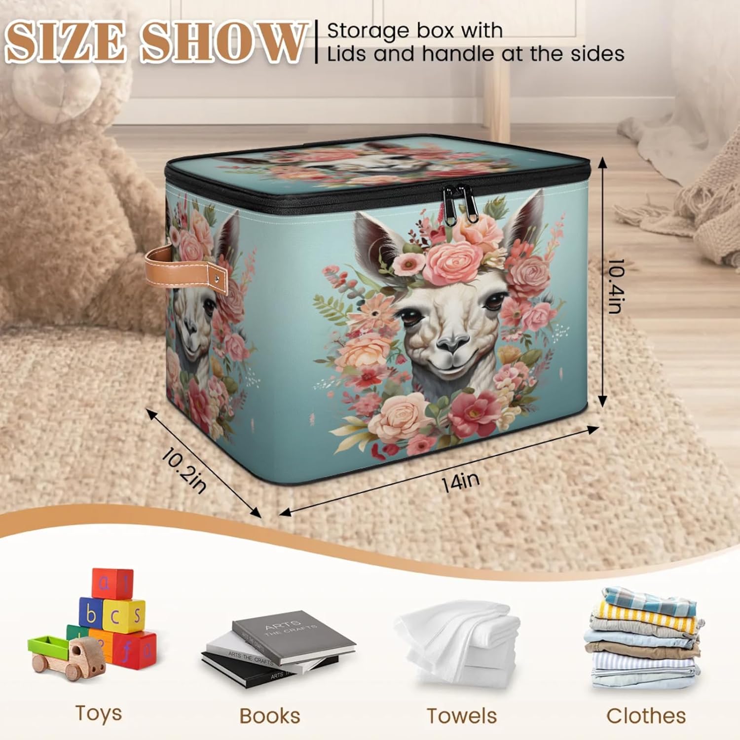 Storage Bin Set of 2 Rose Alpaca Storage Basket with Zipper Lid & Handle Foldable Closet Shelf 2 Pack Cloth Organizer Basket Cube Bins Clothes Organizer for Nursery, Bedroom