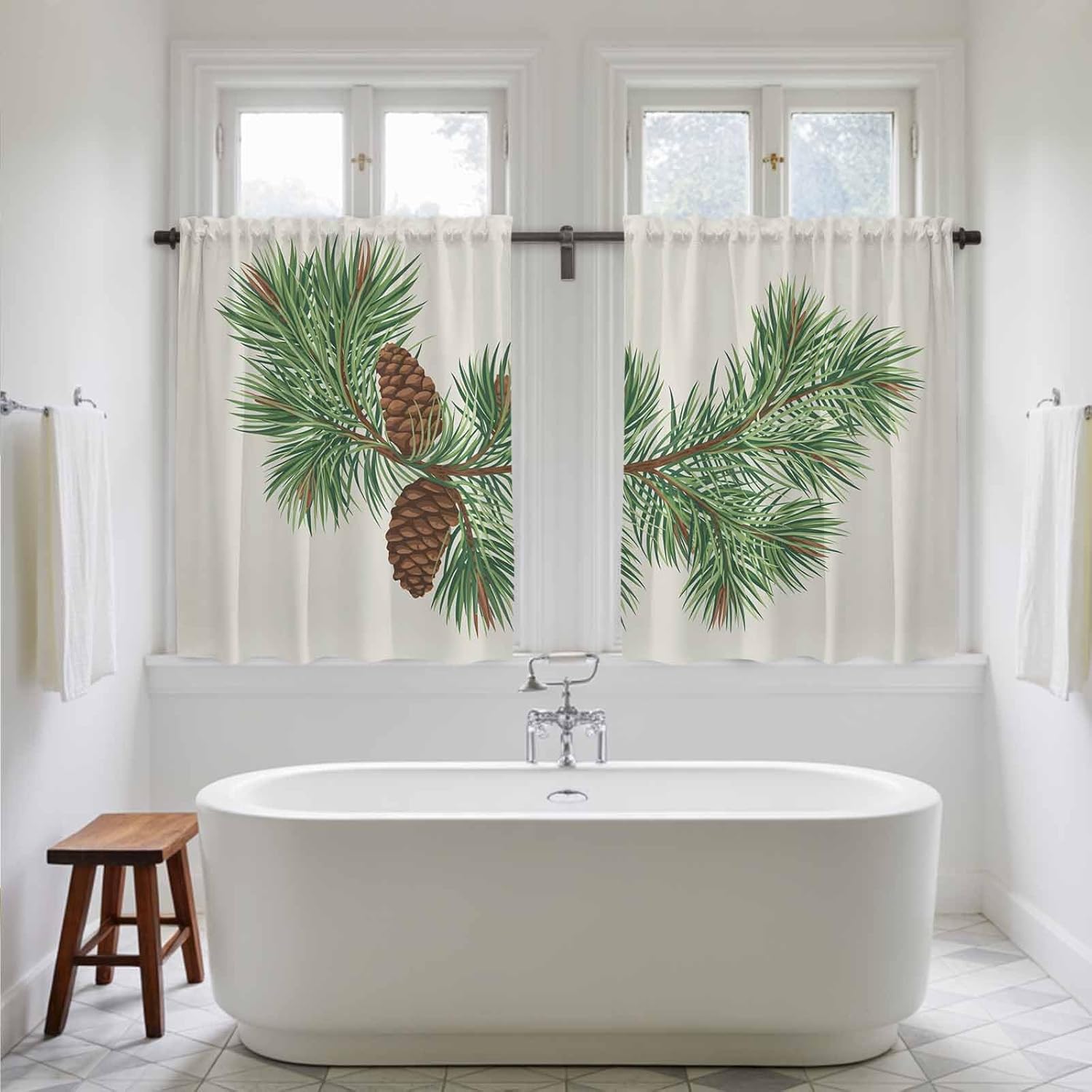 Green Pine Leaves Christmas Kitchen Tier Curtains 45 Inch Long 2 Panel Set,Rod Pocket Short Window Treatment,Xmas Botanical Pine Cones Curtains & Drapes for Bathroom Basement 27.5"W x 45"L