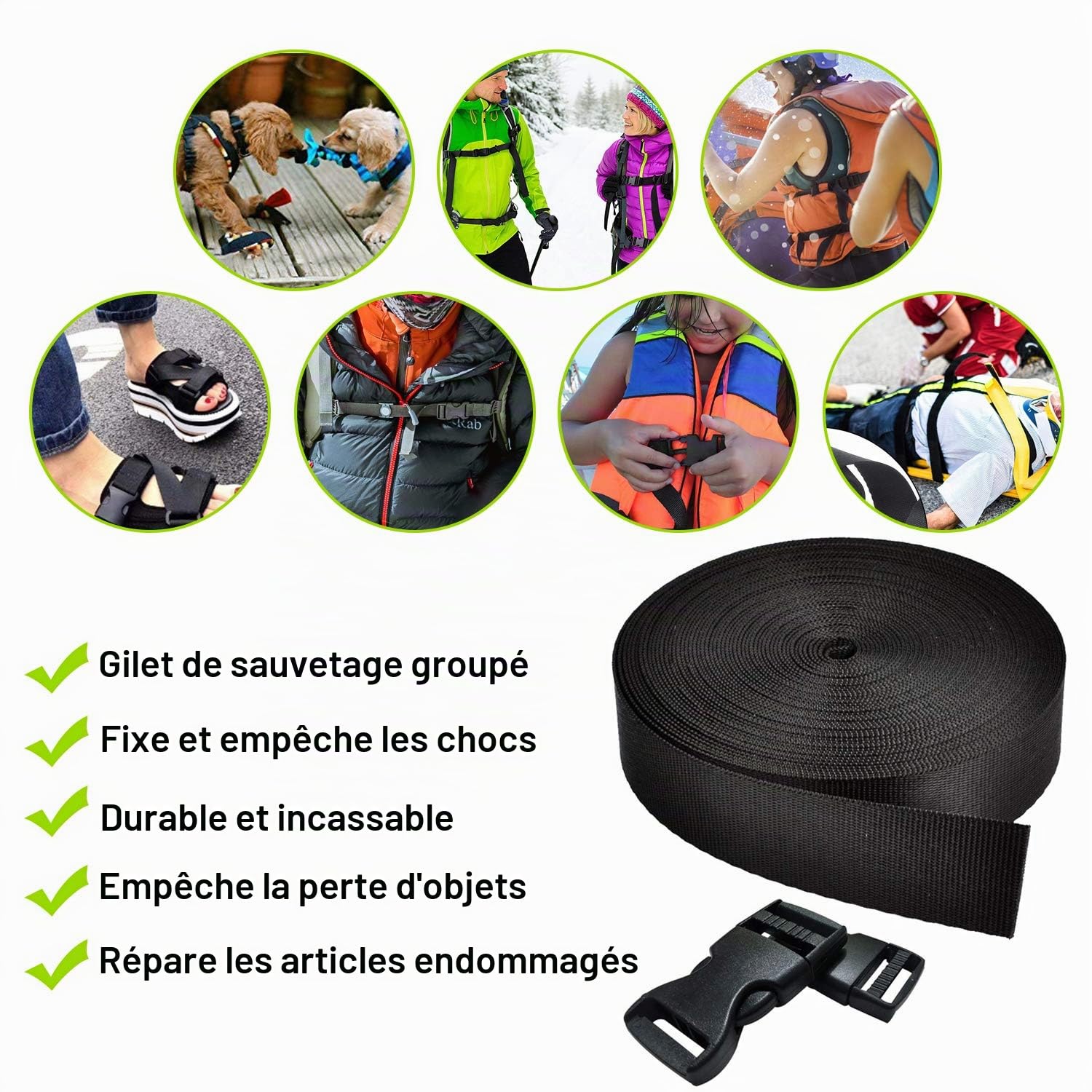 XCOZU Lot de 15 clips à boucle latérale plate en plastique de 25 mm et glissières tri-glissantes, 1 rouleau de 4,6 m de sangle en nylon noir pour réparation de ruban de sac à dos, sangle de bagage,