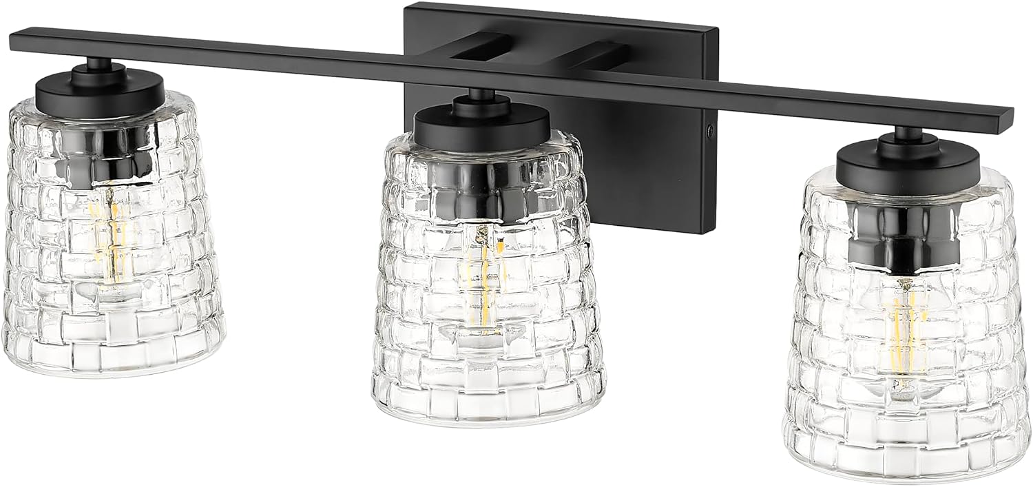 ML Lighting | Saben Collection | 22103-MB | 3 Light Vanity in Matte Black Finish with Clear Woven Glass Shade | Versatile Design That adds High-End Texture and Elegance to Your Bathroom