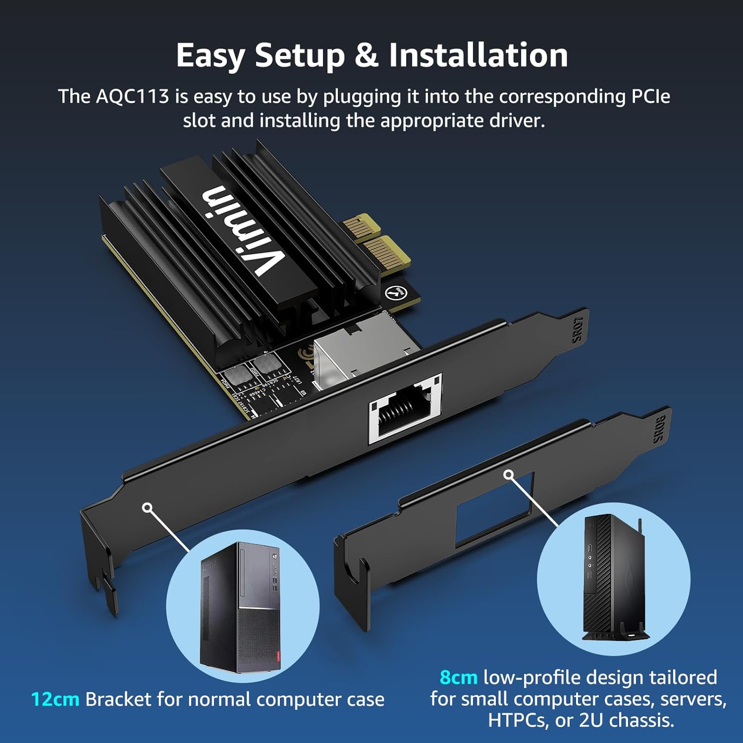 10G PCIE4.0×1 Network Card, Marvel AQC113 Controller, VIMIN 10Gb Base-T Ethernet Adapter Card Compatible with PCI Express X1,X4,X8,X16, 10G NIC RJ45 Port Support Windows/Windows Server/Linux/VMware