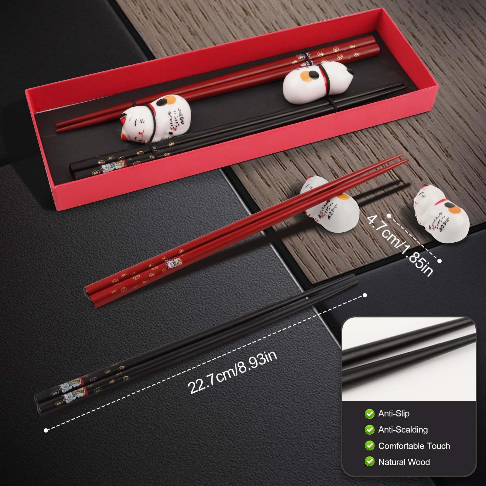 Set di bacchette per sushi con gatto, 2 paia con ceramica, bacchette in legno, riutilizzabili, in confezione regalo, sostenibile, giapponese, cinese, coreano, taiwanese