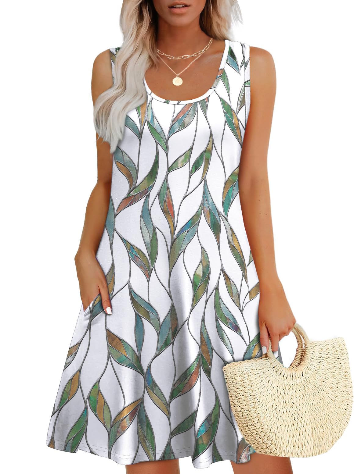 WEESO Womens Summer Dresses Loose U Neck Sleeveless Sundresses Dress with Pockets