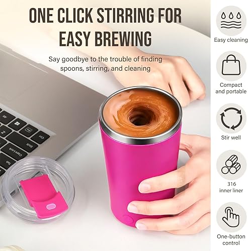 Miniatura 2 de Taza de café eléctrica, taza mezcladora automática de acero inoxidable de 13.5 fl oz, adecuada para café, leche, cacao y otras bebidas (rosa)