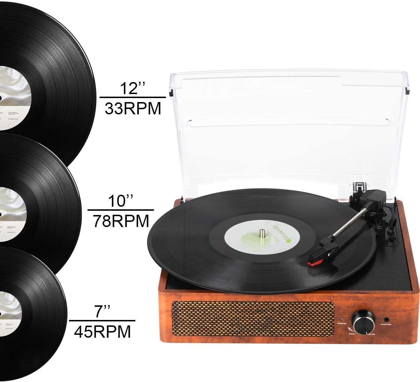 Bluetooth Record Player Belt-Driven 3-Speed Turntable, Vintage Vinyl Record Players Built-in Stereo Speakers, with Headphone Jack/Aux Input/RCA Line Out, Wooden (Orange)