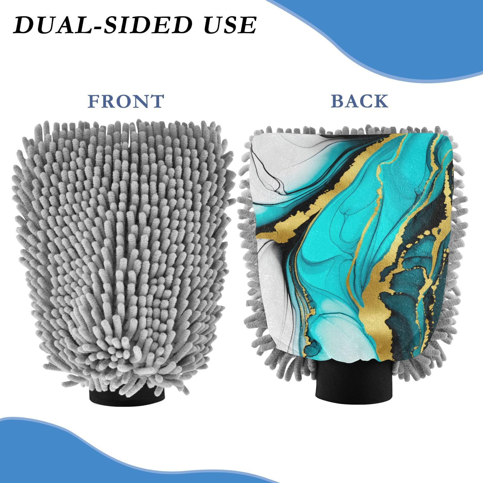 STAYTOP Beautiful Blue Gold Marble Car Wash Mitt Microfiber, 2Pcs Scratch Free Lint-Free, Premium Chenille Microfiber Mitt Car Wash Brush-M