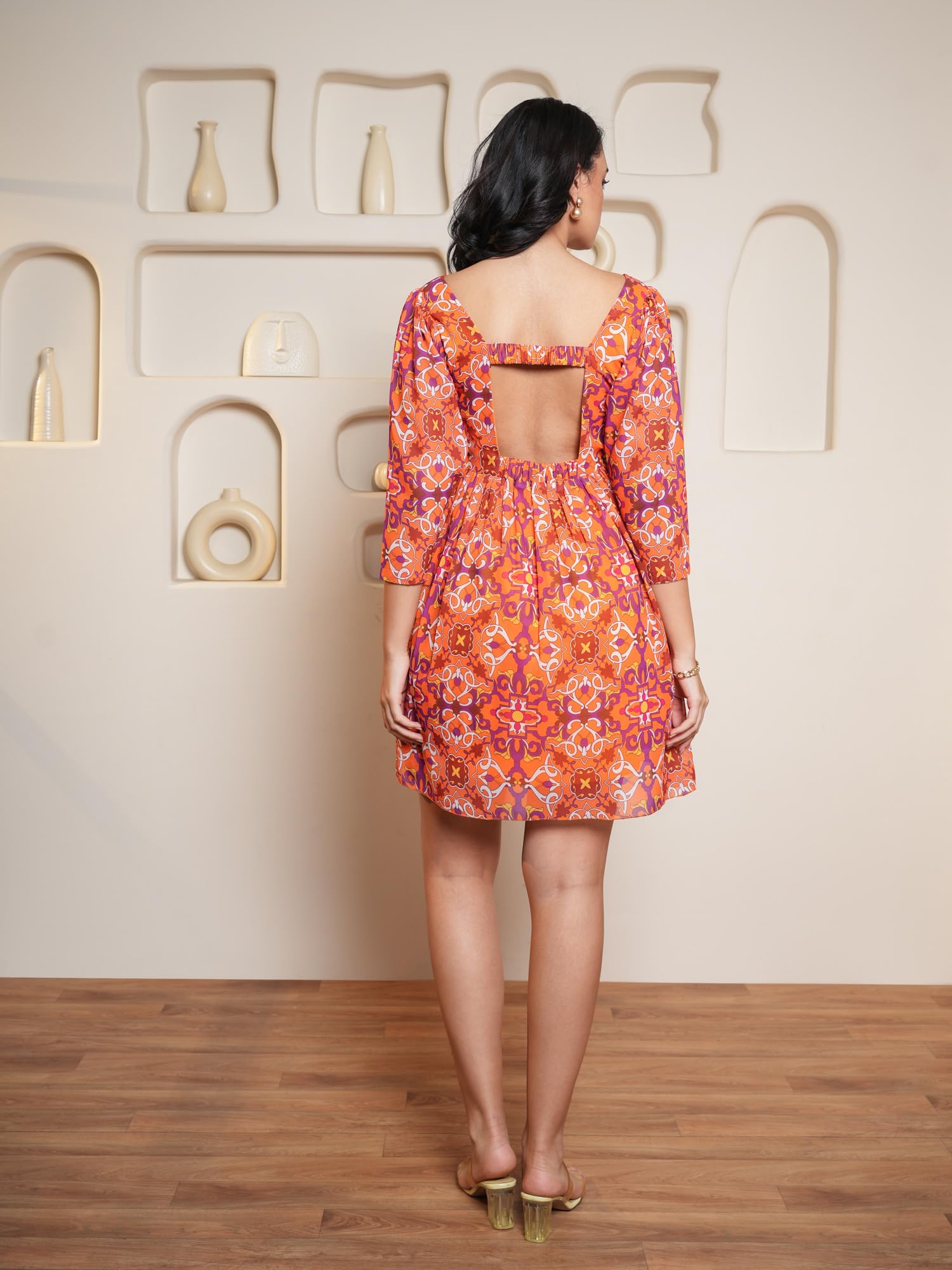 Purvaja Womens Fit & Flare Above Knee Length Dress (Floe-011_Orange_Large)