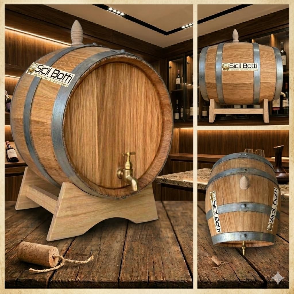 Generico SicilBotti Botte in Rovere da 20 Litri con Rubinetto in Ottone, Piedistallo in Legno, Barrique per Vino e Distillati