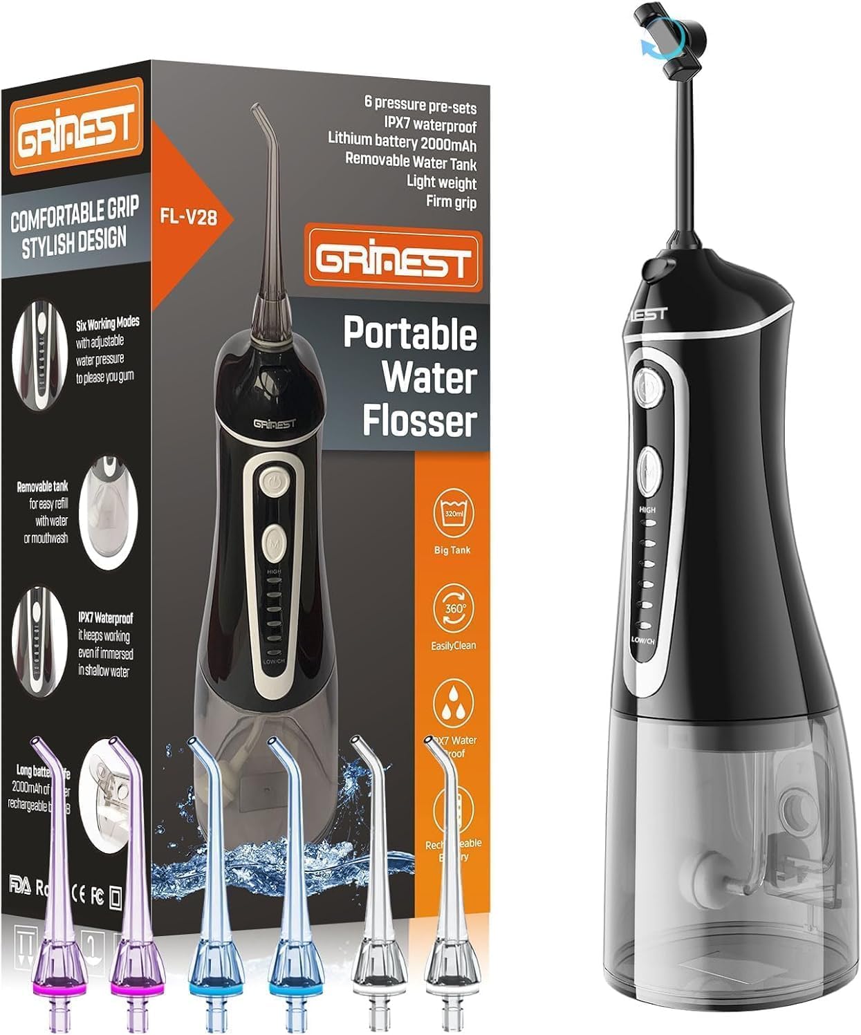 Water Flosser,Water Dental Flosser Pick for Teeth,Grinest 7 Modes Rechargeable Cordless Oral Irrigator Portable IPX7 Waterproof Tooth flossers for Home Travel-Black