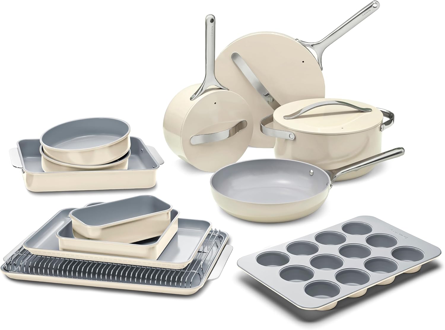 Caraway 23-Piece Nonstick Ceramic Cookware & Bakeware Set – Pots, Frying Pans, Lids, Baking Sheets, Pans, Cooling Rack & Storage – Oven Safe, Non-Toxic – Compatible with All Stovetops - Cream