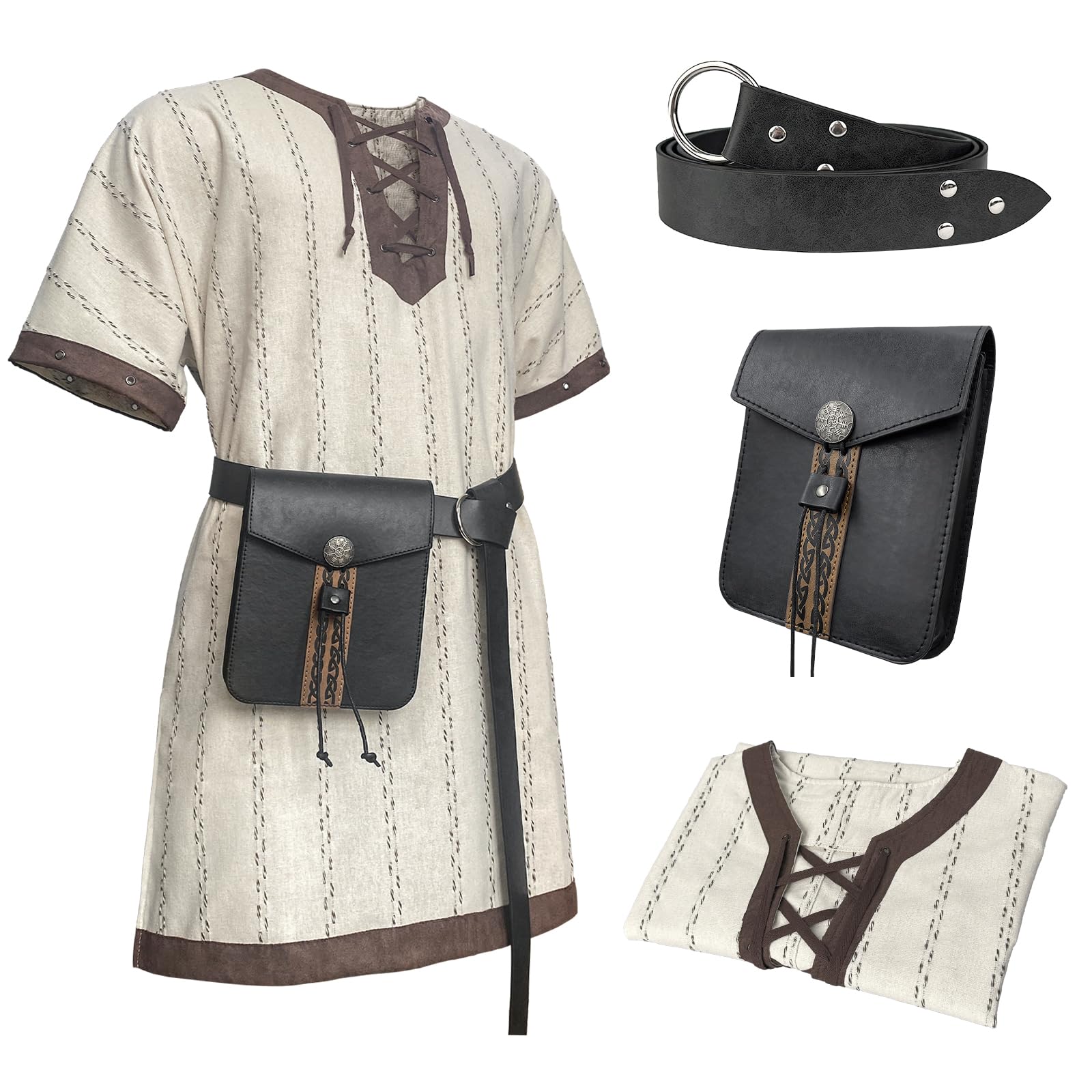 HiiFeuer Medieval Stripe Loose Tunic top, with Vintage Belt and Bag, Renaissance Knight Lace Up Shirt, Viking Pirate Costume (White XXL)