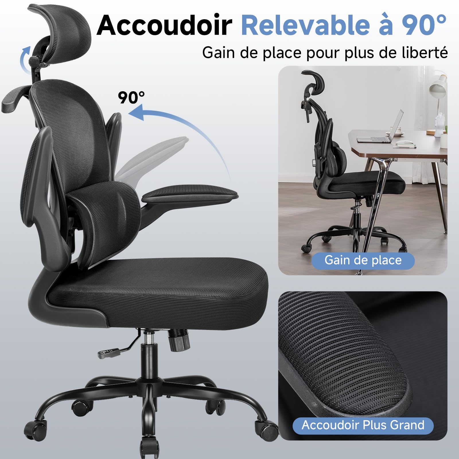 COMHOMA Chaise de Bureau Ergonomique, Fauteuil avec Appui-tête 3D et Support Lombaire, Design Intégré avec Porte-vêtements, Accoudoirs Rabattables, Siège Rembourré en Maille Respirante