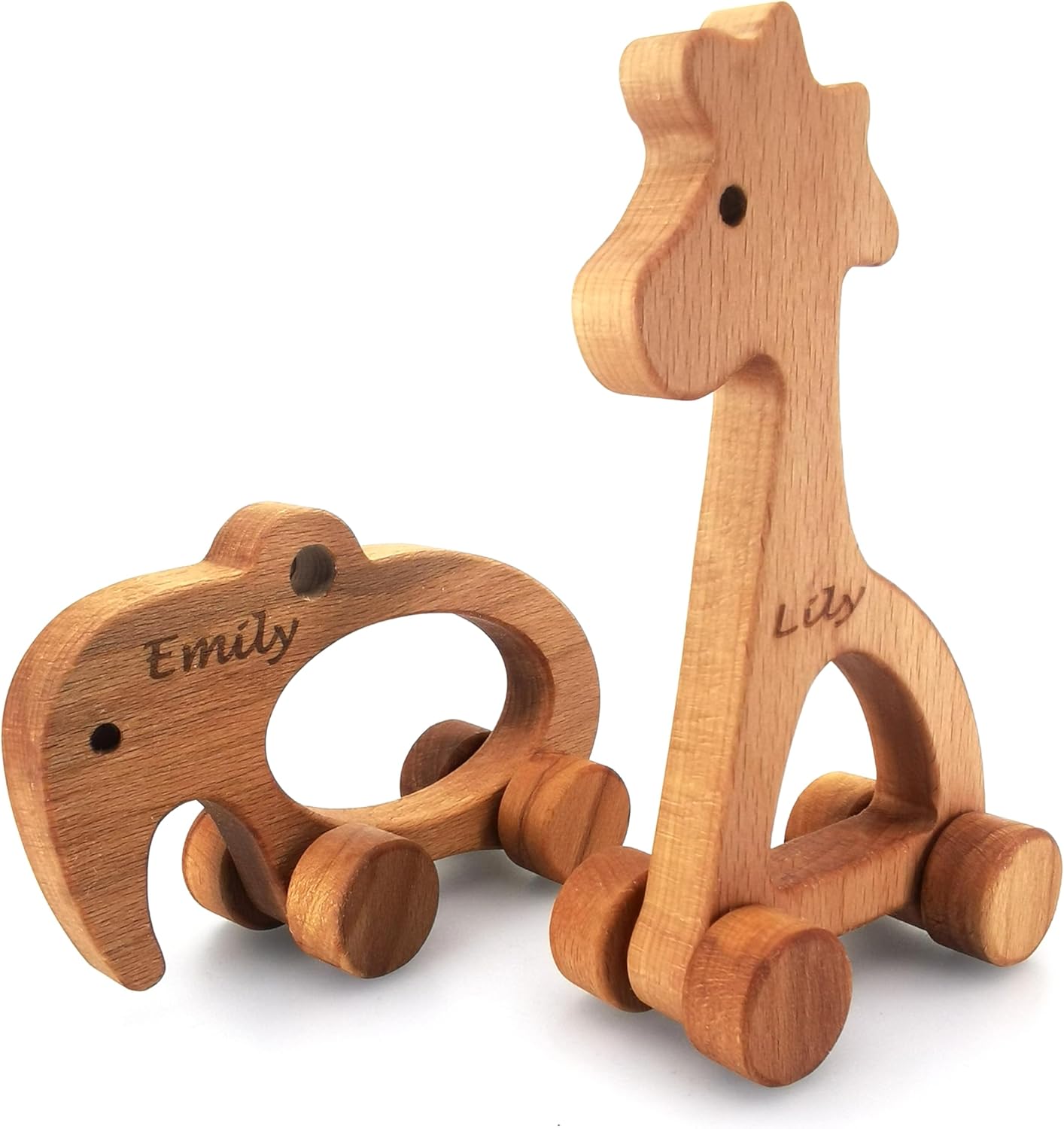 Personalized Wooden Safari Animal Toys Elephant Giraffe for 2 Year Old Birthday Gift, Customized Animal Push Toy With Wheels for Baby, Montessori Wood Animal Sensory Toys Skill And Motor Development