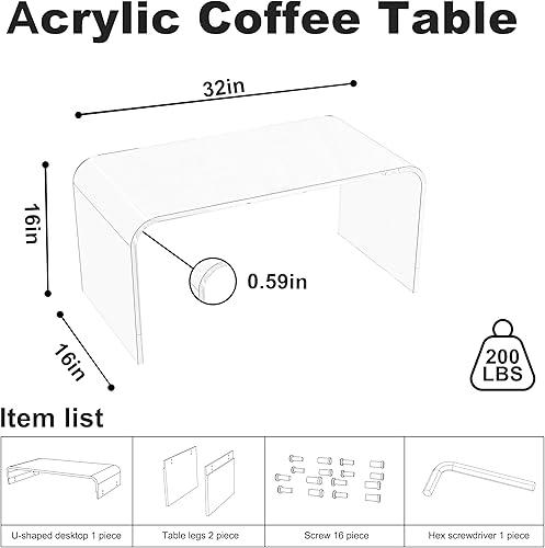 Miniatura 2 de Mesa auxiliar rectangular de acrílico transparente de 32 pulgadas para sala de estar, mesa baja de cascada transparente de mediados de siglo, mesa