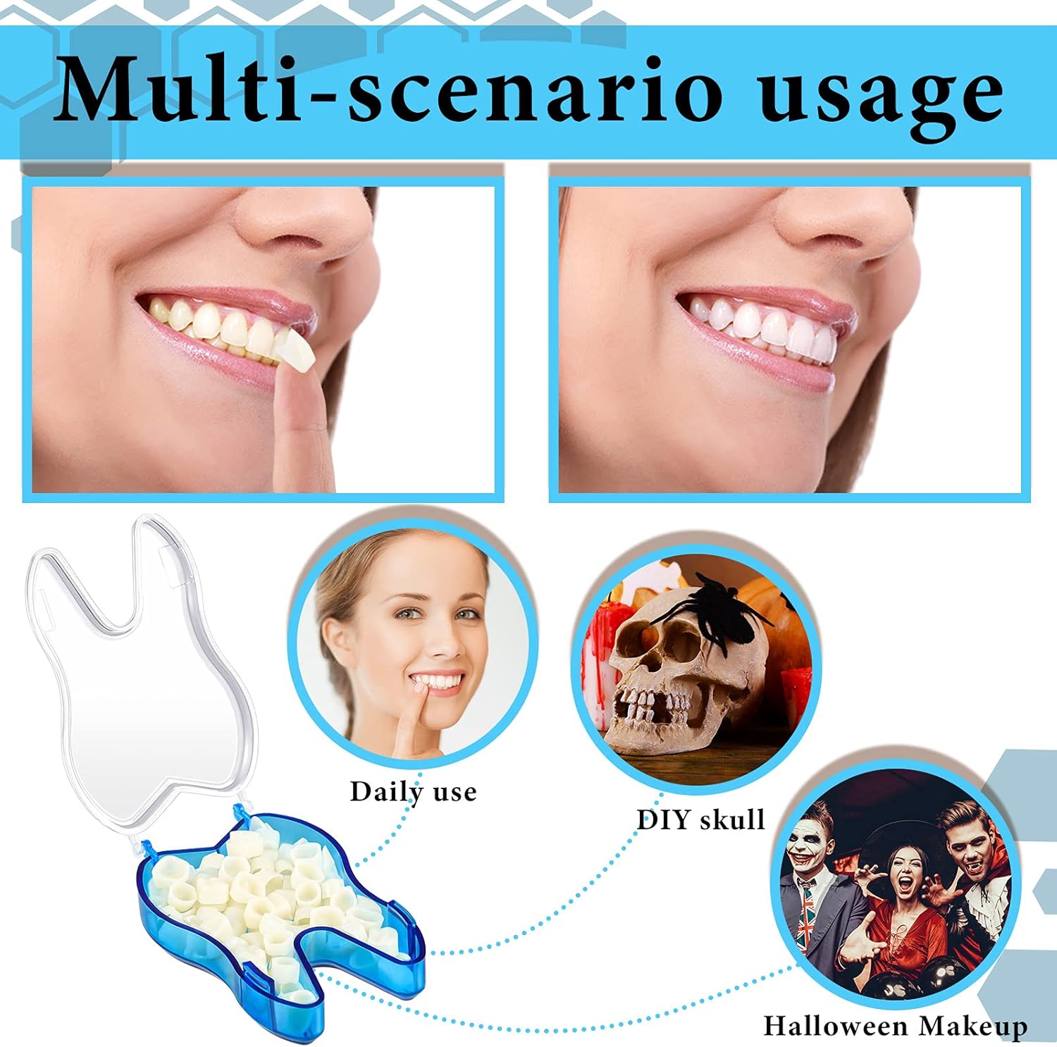 Resin Teeth Veneers Mixed Dental Temporary Teeth Front and Molar Posterior Teeth for Halloween Cosplay Party Makeup Scary Theme Party Costume Filling Fix Missing Broken Tooth (100 Pieces) : Beauty & Personal Care
