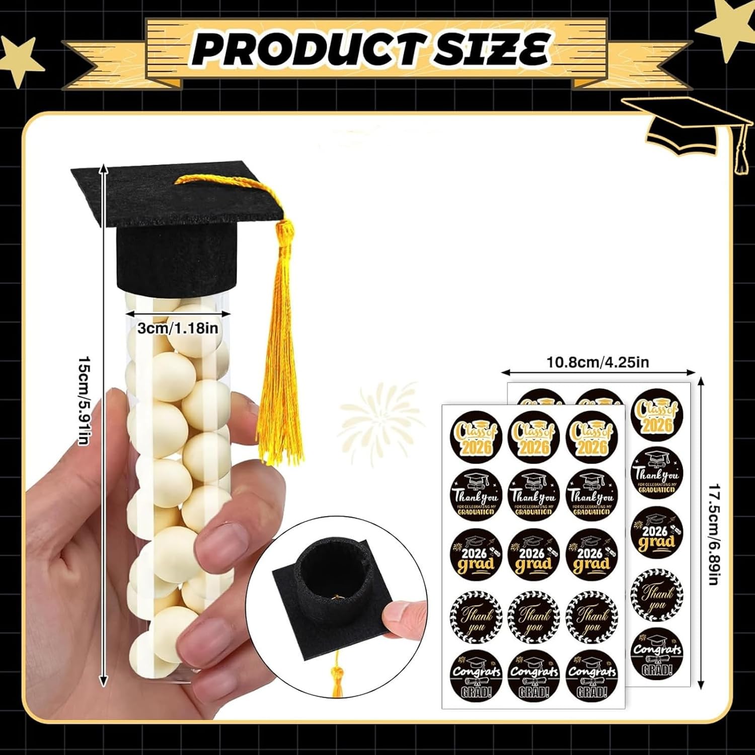 30 Pieces Clear Sweet Tubes Including Academic Hats and Stickers for Gift Box Making Edible Graduation Gifts