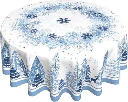 Giwawa Mantel redondo de Navidad de 60 pulgadas, diseño de árbol de invierno, ciervo, pino, copo de nieve, lavable, resistente a las manchas, para