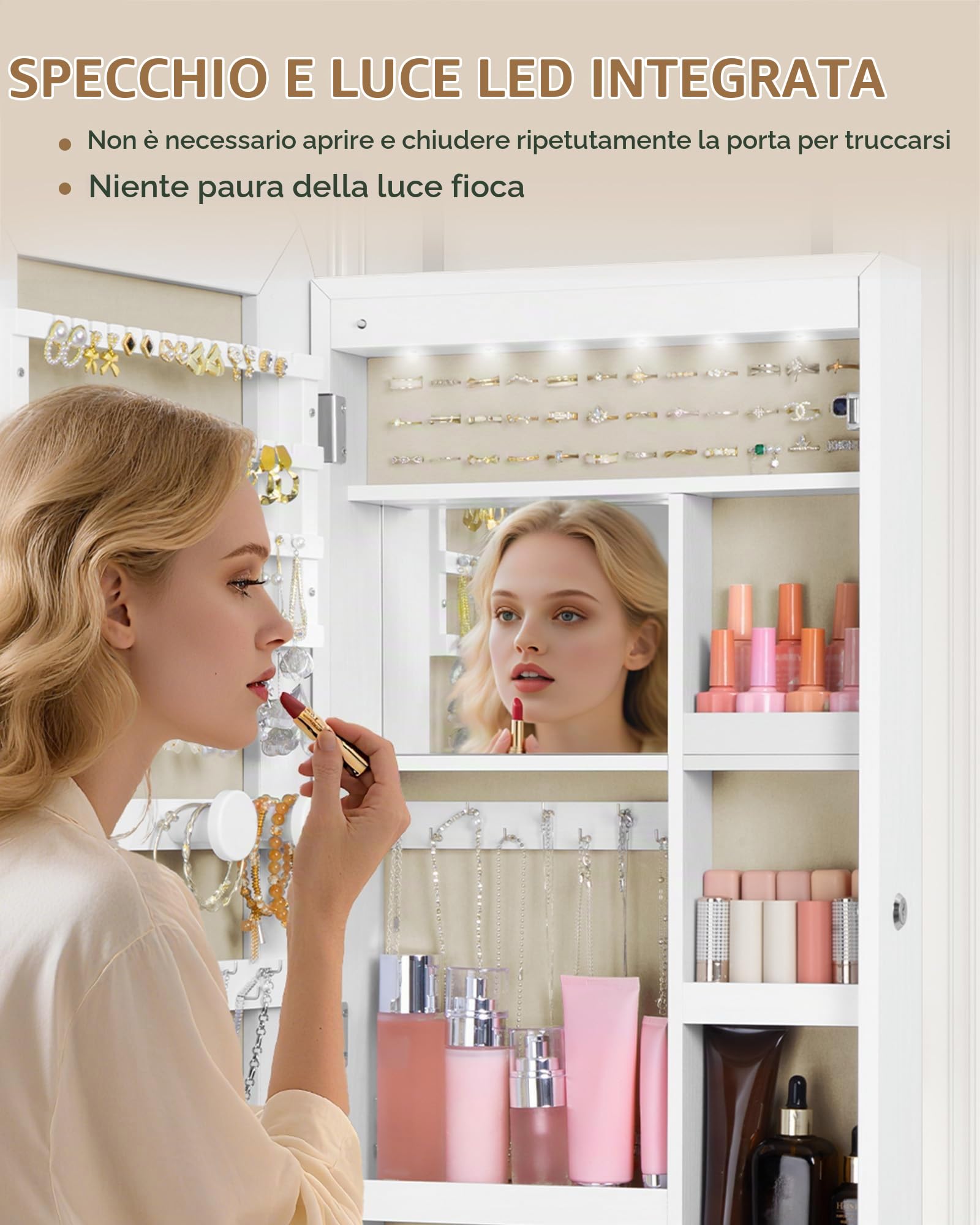 Hzuaneri Specchio Portagioie da Parete con 6 Luce LED, Bianco