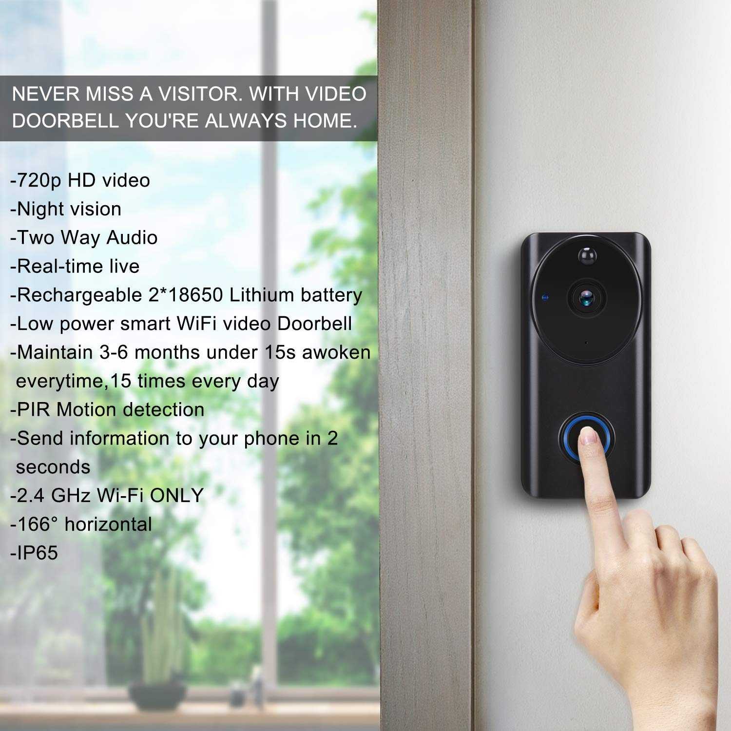 Timbre de Video, (Timbre inalámbrico de la Puerta WiFi, 720P HD, 166 Grados, Gran Angular, función de interfono, Sensor de Movimiento, Resistente al Agua, para iOS y Android)