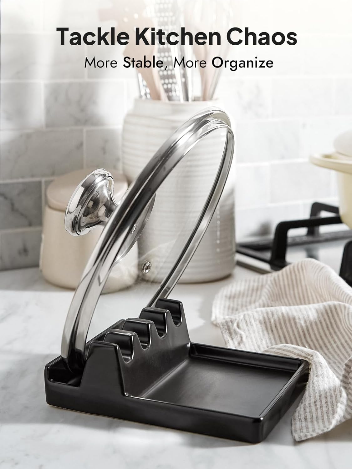 LE TAUCI Ceramic Spoon Rest for Stove Top, 5.3inch Pot Lid Holder for Kitchen Counter, Modern Utensil Rest with Drip Pad for Spoons, Ladles, Spatulas, Heat Resistant & Dishwasher Safe, Black