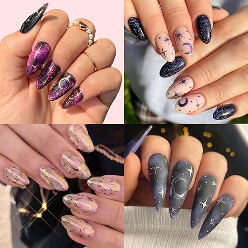 Miniatura 4 de 8 hojas de calcomanías de arte de uñas de luna y estrella 3D, autoadhesivas, metálicas, holográficas, láser, brillantina, diseño de uñas, estrellas,