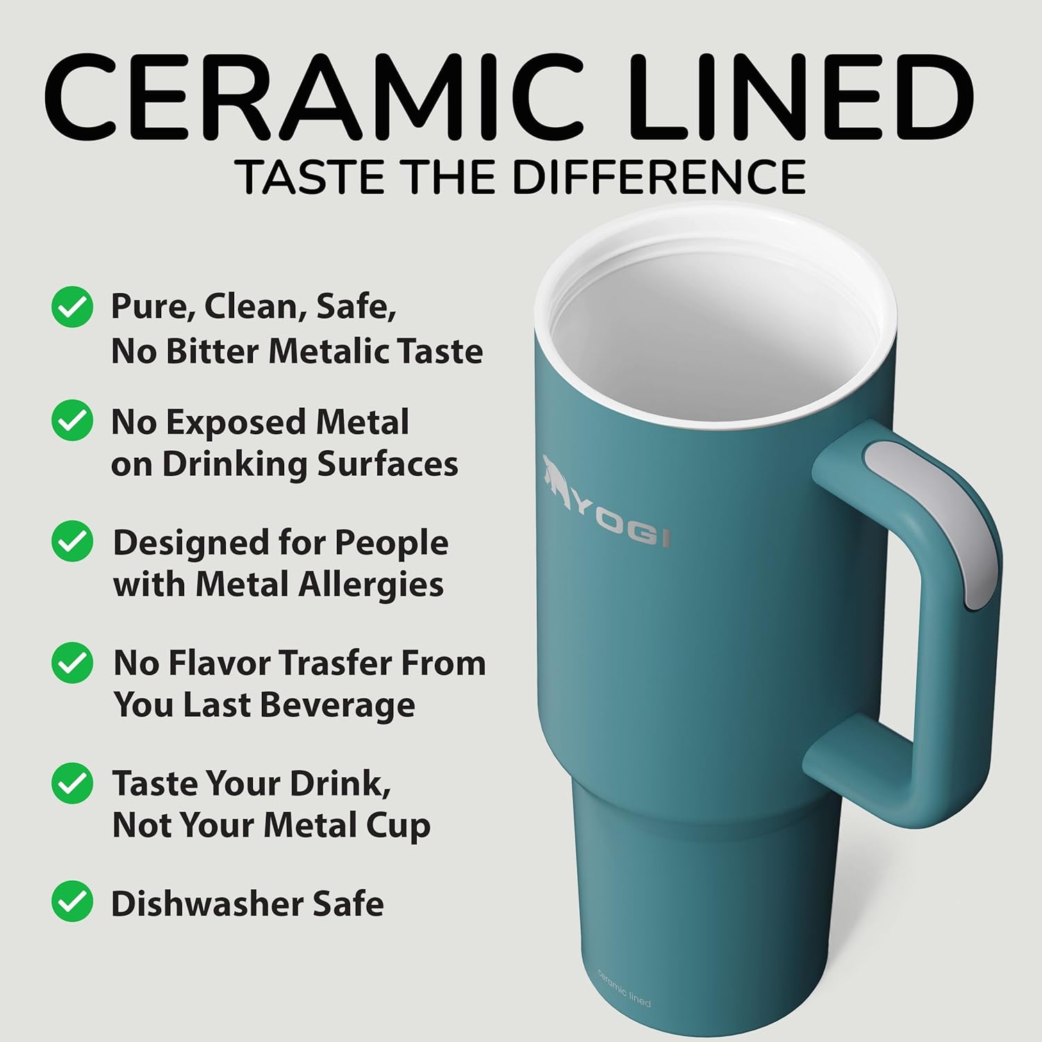 YOGI Ceramic Lined Metal Allergy Safe 40oz Tumbler with Handle and Straw Leakproof Flip & Sip Lid Vacuum Insulated Stainless Steel Travel Cup for Iced Coffee Water and All-Day Hydration 40oz Laguna