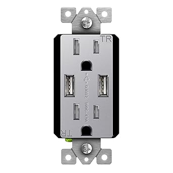 TOPGREENER High Speed USB Charger Outlet, USB Wall Charger, Electrical Outlet with USB, 15A TR Receptacle, Screwless Wall Plate, TU2154A, Silver