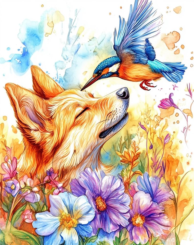 Henypt Art Pre Printed Cross Stitch Kits for Adults Beginners,Dog and A Kingfisher 11Ct Stamped Embroidery Kit Wall Art Home Decor Embroidery Crafts for Adults Beginners Gift