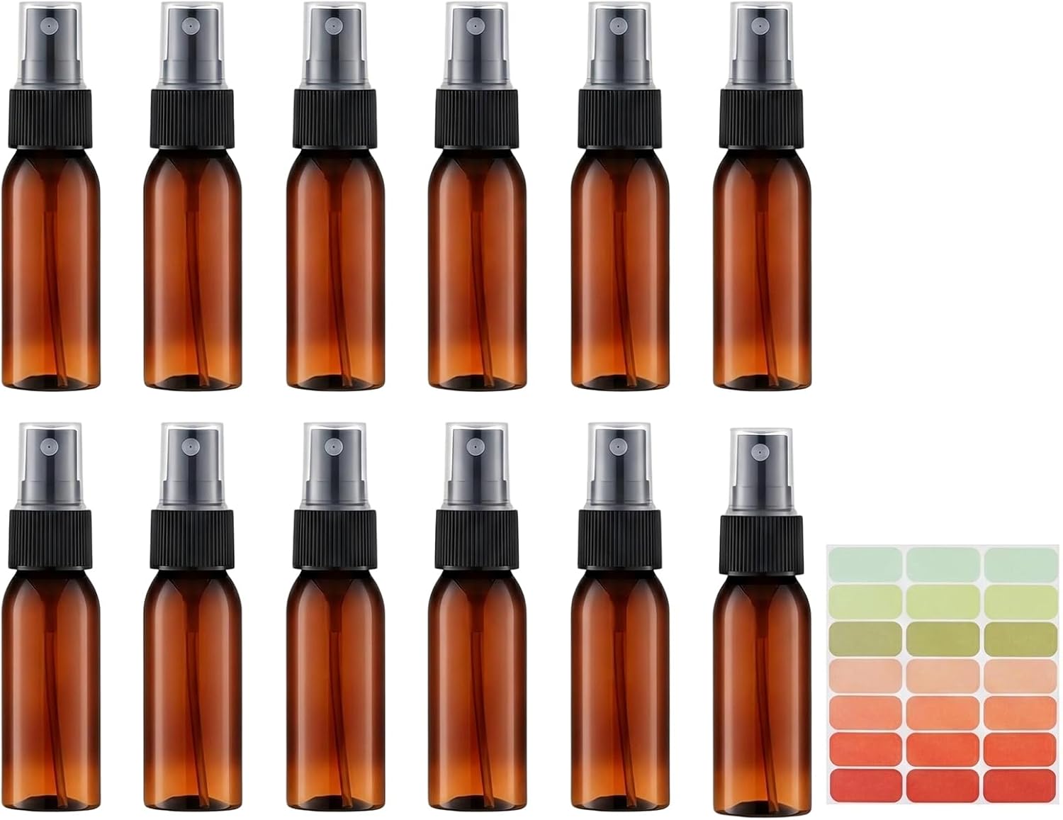 12 Pack 30ml/1oz Fine Mist Mini Amber Spray Bottle,Travel Size Plastic Dispensers, Black Nozzle Refillable Empty Containers with Classified Label Stickers for Face Care Home Cleaning