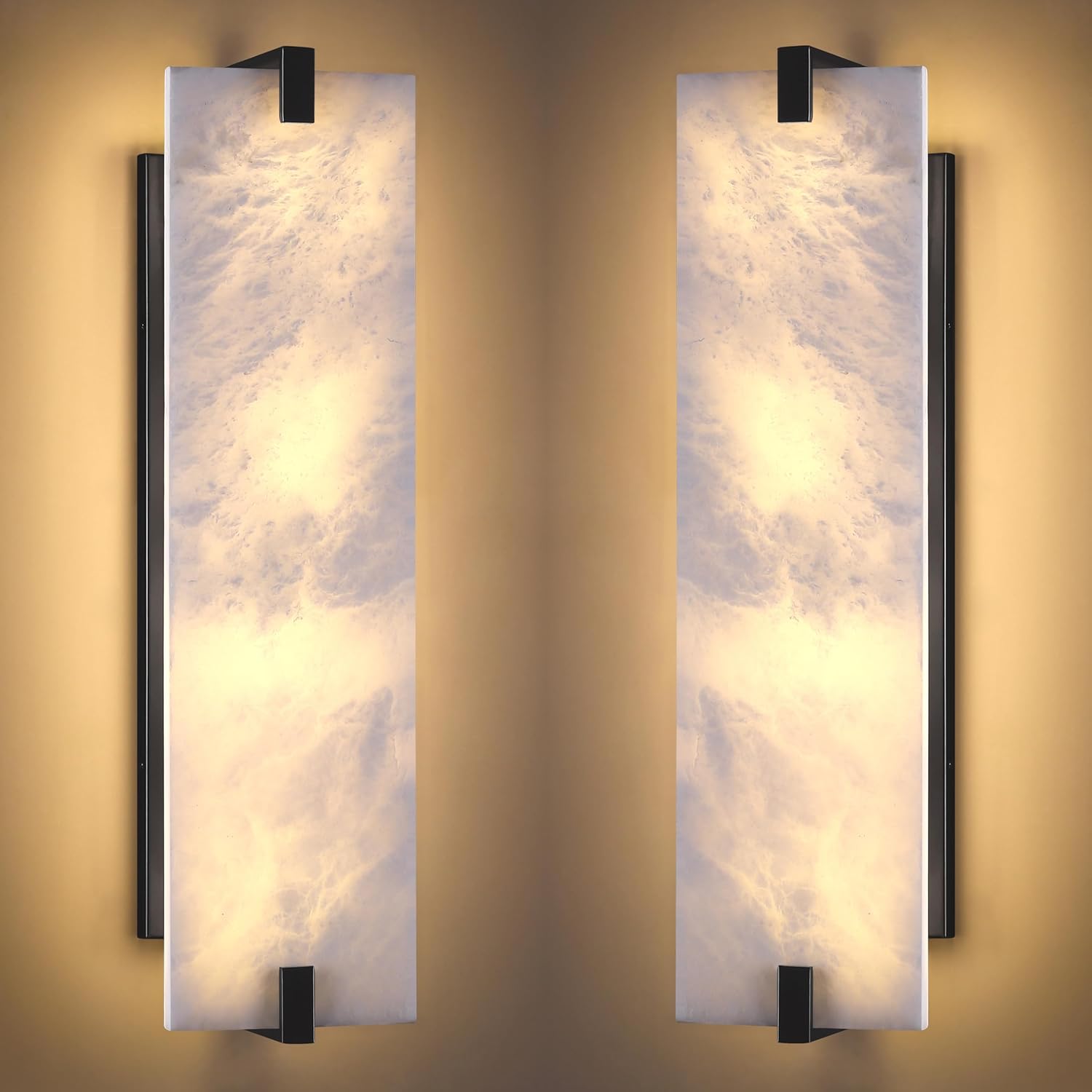 2 Pack 2 Light Square 14.7" Alabaster Marble Bathroom Wall Sconce Modern Concise Style Wall Light Fixture,Gold Finish for Bedroom Hallway Bedside