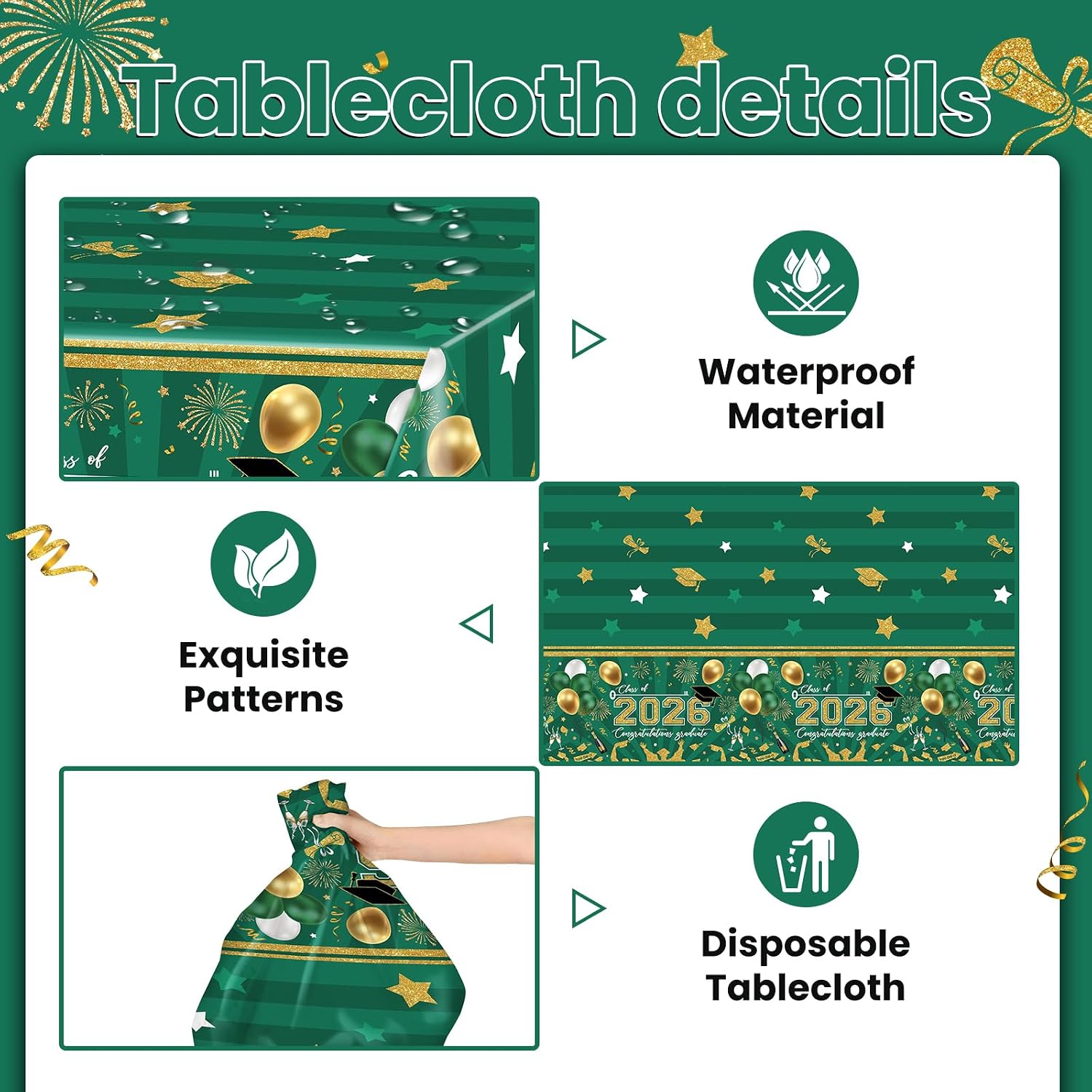 Avezano 3 pcs Graduation Tablecloths 108x54 inch Graduation Table Cloths Class of 2026 Green and Gold Grad Party Tablecover Decorations Plastic Disposable