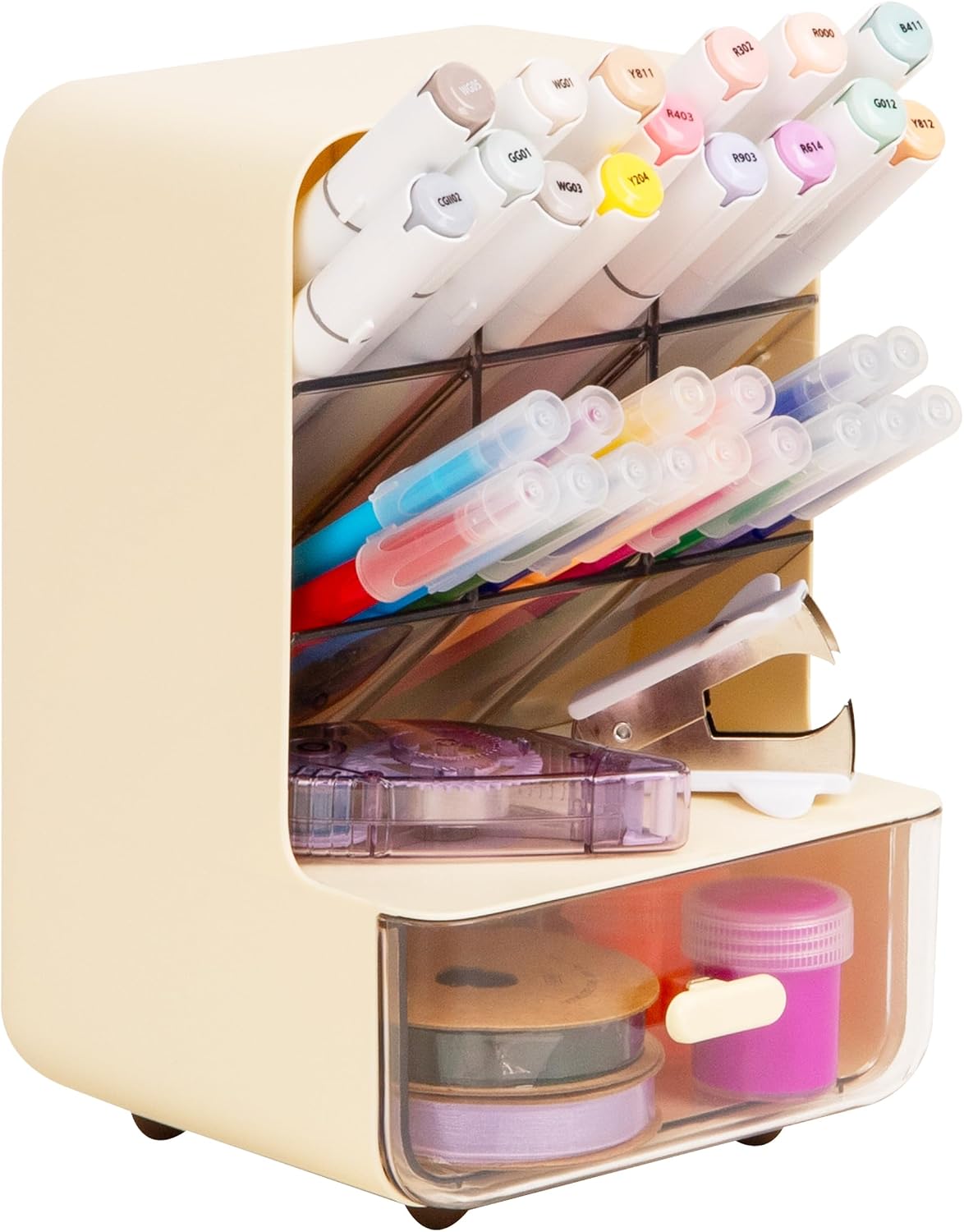 Mind Reader Compact Craft Supply Organizer with Drawer, 6 Slanted Compartments, Non-Skid Feet, Desktop Storage for Markers, Pens, Tools & Art Essentials, Plastic, White