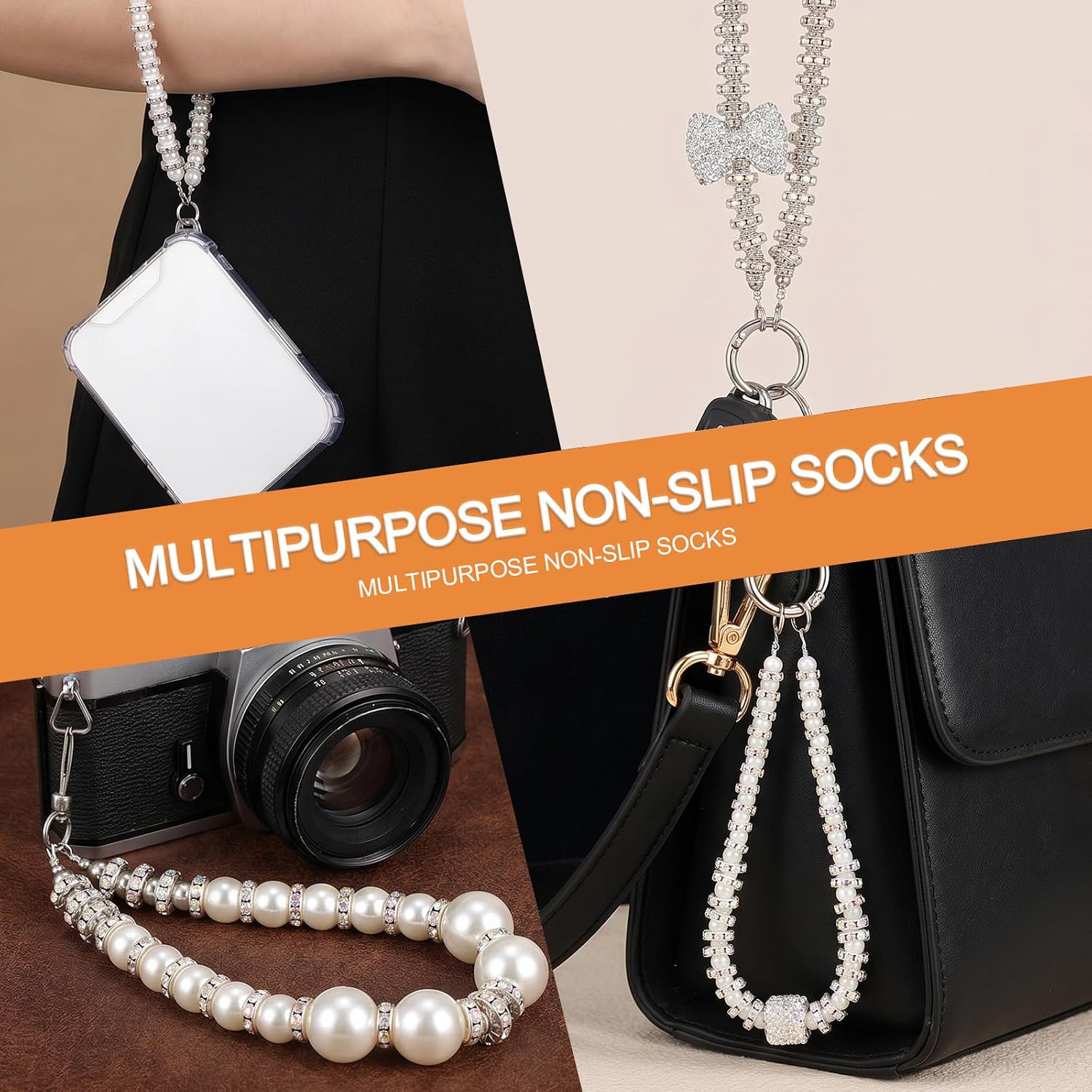 Amabro 3Pcs Phone Wrist Strap Pearl Beaded Luxury Diamond Cellphone Lanyard Shiny Rhinestone Phone Chain Bowknot Cube Bracelet Hands-Free Wristlet keychain Attachment for Hand Case (Silver)
