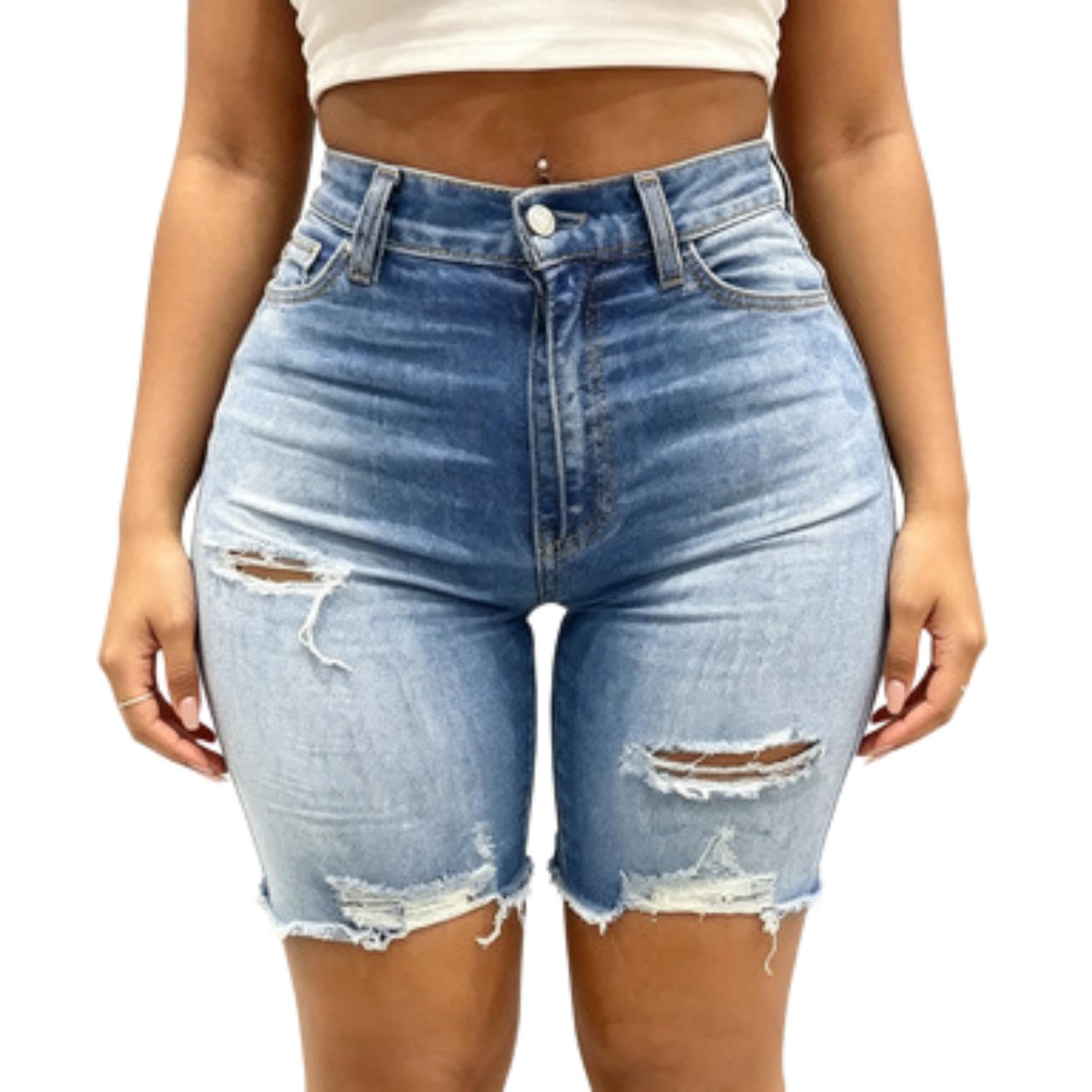 Generico Shorts Bermuda Donna Vita Alta Strappi Lavaggio Chiaro Casual Estate