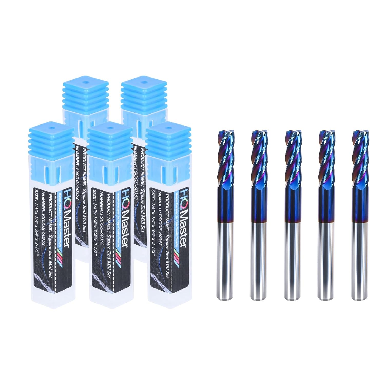 Carbide End Mill Set, 5pcs CNC Router Bits Square End Mills with Coating Router Bit for Aluminum, Alloy Steels, Hardened Steel, Copper Milling Cutting (1/4" CD x 1/4" SHK x 3/4" CL x 2-1/2" OAL)