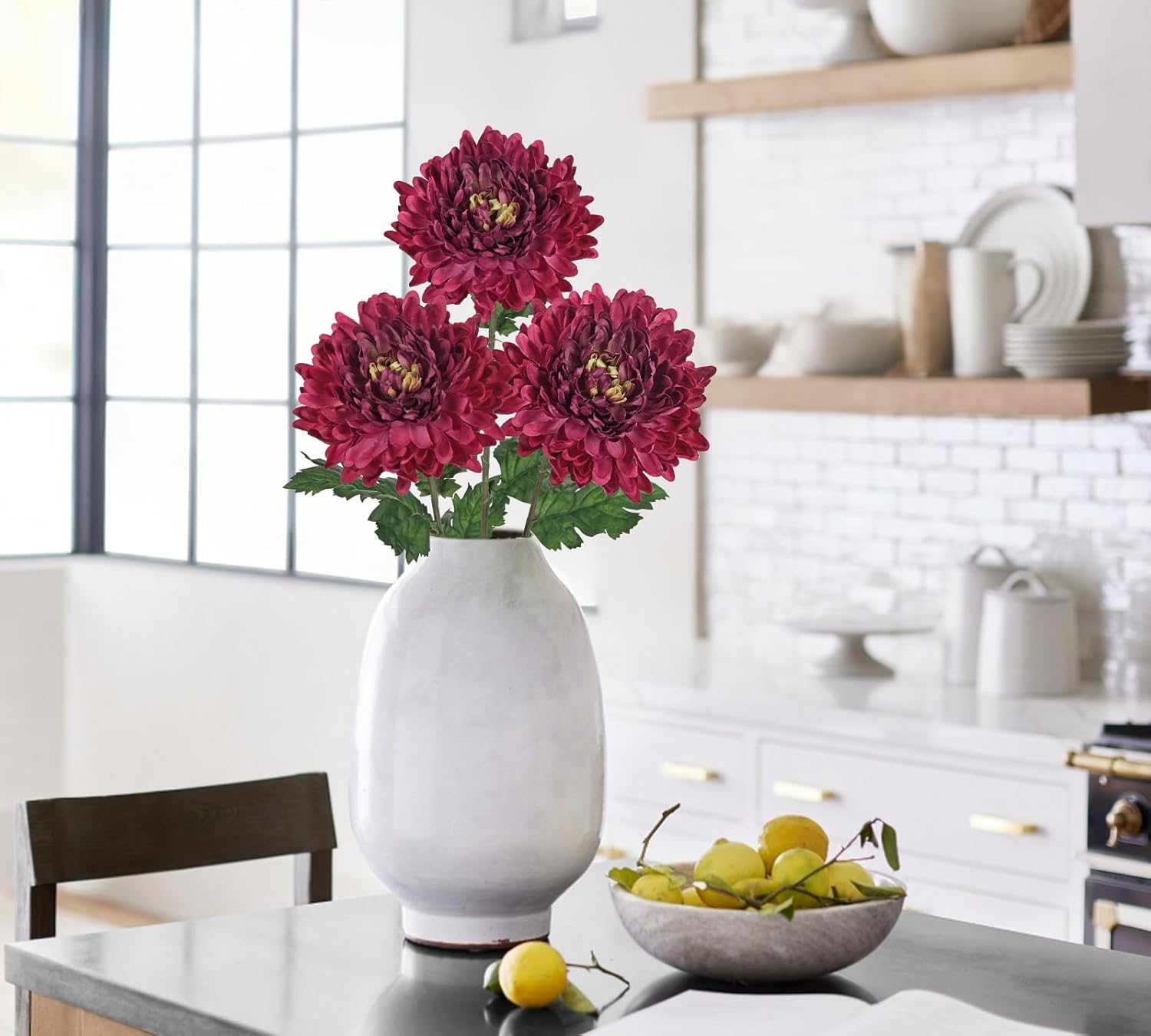 Hollyone 3Pcs Fake Mums Flowers Red Artificial Chrysanthemum Flowers Silk 30" Long Stem Floral Arrangements Bouquets Faux Spider Mum Flower Pincushion Flower Bush Spring Home Decor - Image 5