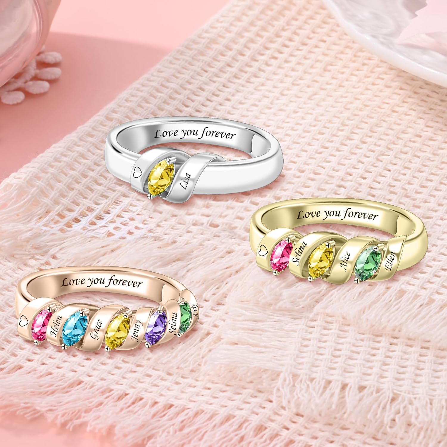 Personalized Mother Ring With 1/2/3/4/5/6 Birthstones Custom Family Rings for Women Stacking Birthstone Ring for Mom Grandma Daughter Wife Birthday Mother's Day Valentine's Day Christmas Jewelry Gift