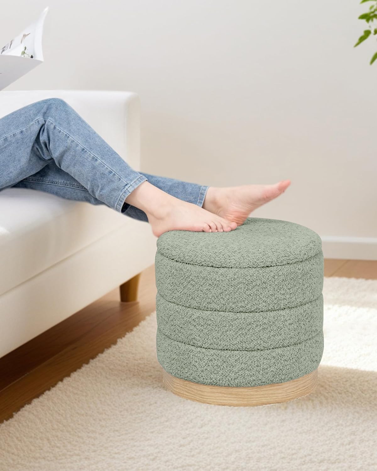 PINPLUS Chenille Folding Ottoman Footstool, Round Storage Ottoman, Soft Fabric, 260 lbs Load Capacity, Small Ottoman for Living Room, Bedroom, Dorm, Green Colors