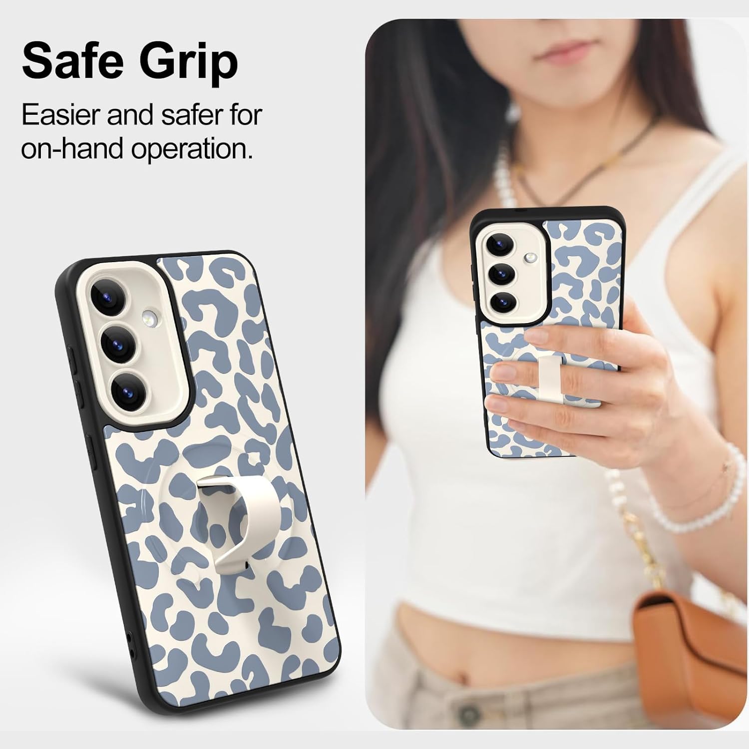 Magnetic for Samsung Galaxy S25 Case with Finger Strap Stand, Compatible with Magsafe, Trendy Leopard Cheetah Phone Case for Women Men Slim Shockproof Cover for S25, White Leopard