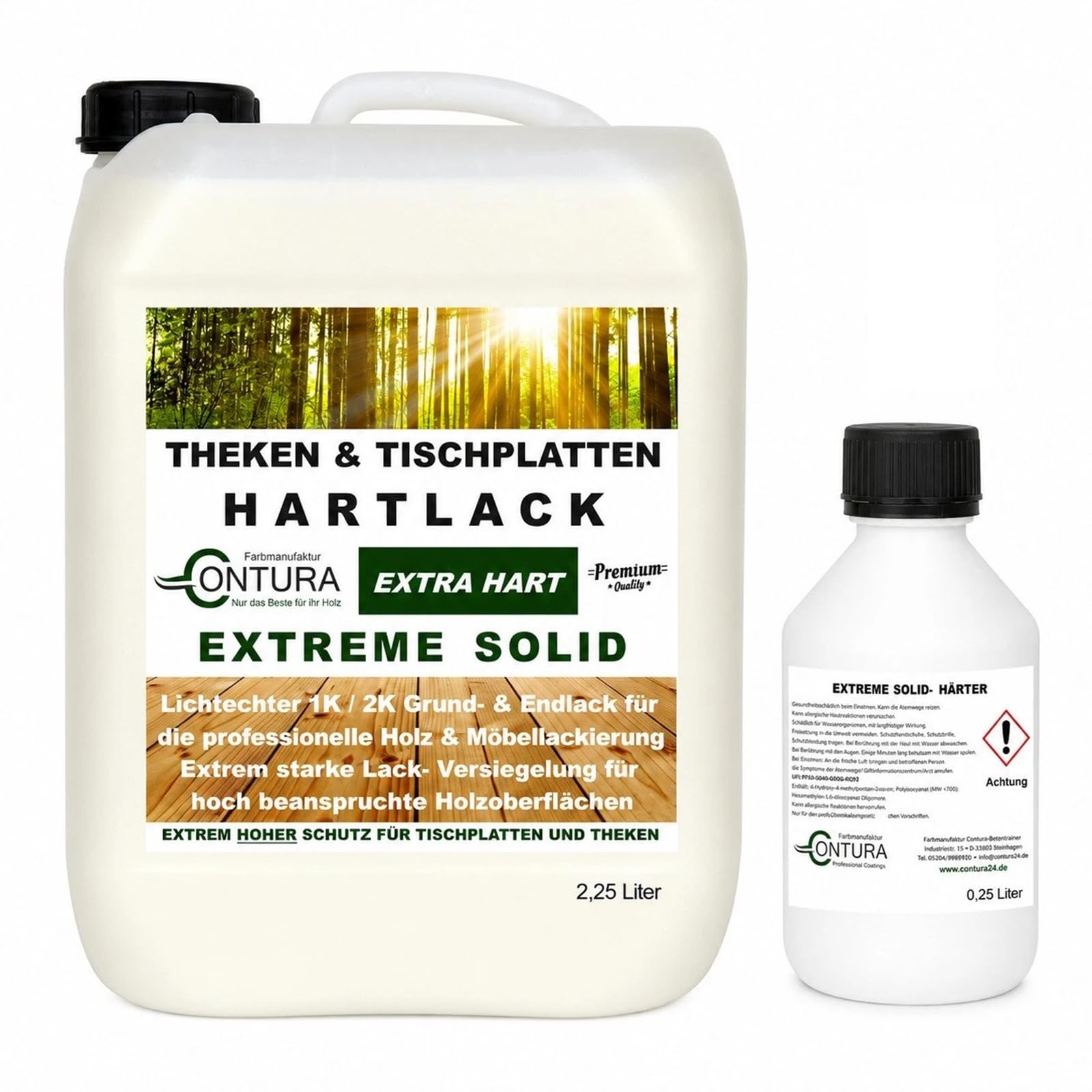 Contura Hartlack 2K Lack Thekenlack Seidenglänzend Tischplattenlack Theken Holzlack Klarlack Set mit Härter Contura Zweikomponenten Lack farblos (Transparent, 2,5 Liter)