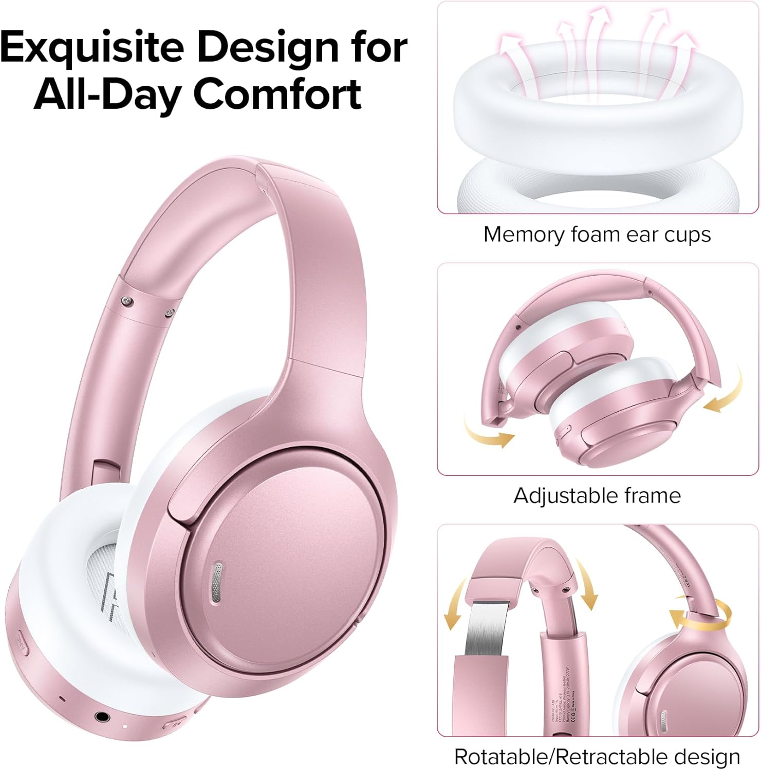 Hybrid Active Noise Cancelling Bluetooth 6.0 Headphones 120H Playtime 6 ENC Clear Call Mic, Over Ear Headphones Wireless with Hi-Res Audio Comfort Earcup Low Latency ANC Headphone for Travel Workout - Image 6