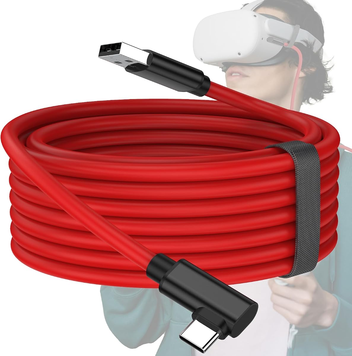 Cable de enlace de 16 pies para transmisión de alta velocidad Meta Quest 3S de 90 grados | Cable USB C para Galaxy XR PC Cable de auriculares de realidad Virtual Cable de cargador tipo C de 90 grados para accesorios de auriculares VR