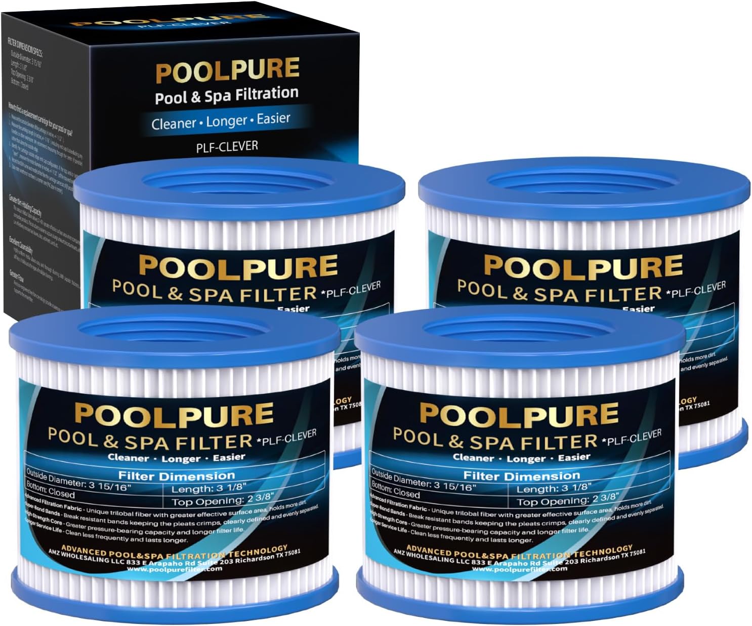 POOLPURE Hot Tub Filter Compatible with All RELXTIME, ALEKO, Wejoy, Aquaspa Hot Tub, Pool Filters, Spa Filter Replacement, Threaded Filter Cartridges for Inflatable Hot Tubs & Massage Pools (4 Pack)