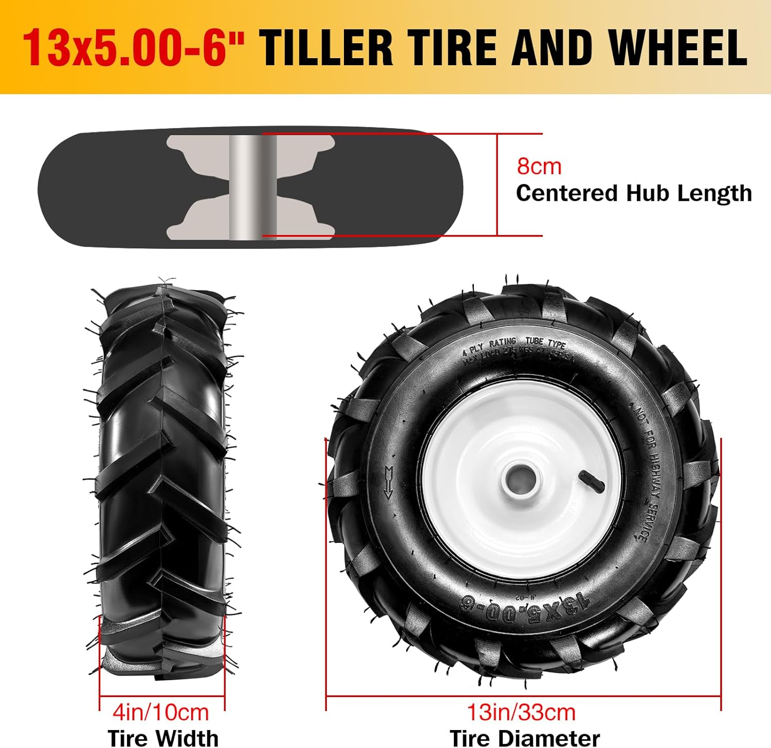 13x5.00-6" Tiller Tire and Wheel 2 Pack 1 Inch Hub 3-1/8" Centered Hub Length Agriculture Super Lug Tractor & Trencher Tire Replacement