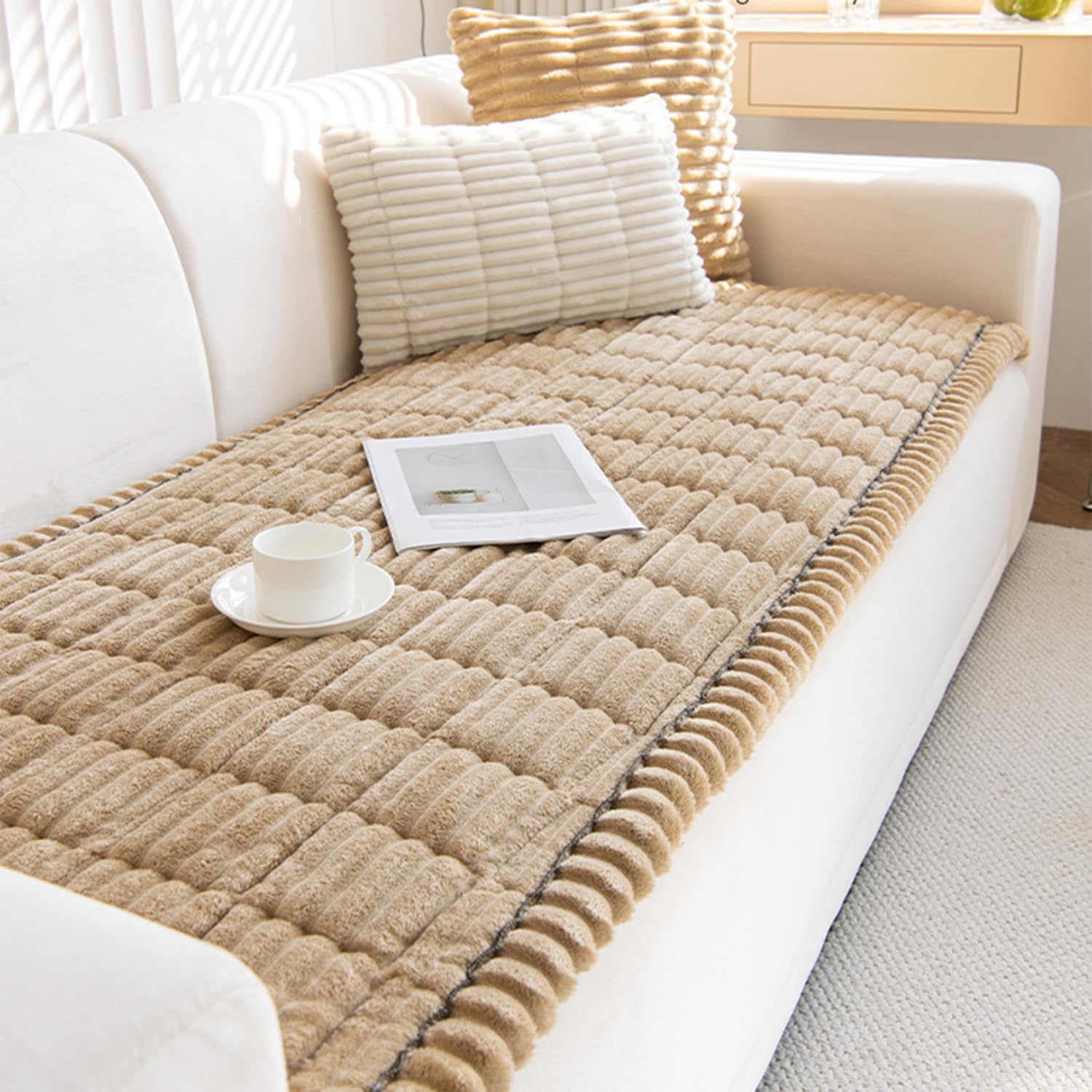 Pet Couch Cover Dogs Washable Non-Slip Couch Protector Fuzzy Cat Sofa Covers for 3 Cushion Sofa Pet Friendly Couch Protector Dog Mat for Couches and Sofa, Coffee, 27.6 x 59.06