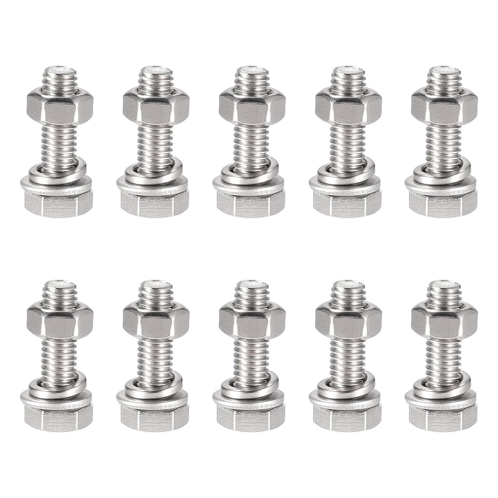 Boxonly M6x20mm Hex Head Screws Bolts, Nuts, Flat & Lock Washers Kits, 304 Stainless Steel Fully Thread Hexagon Bolts 10 Sets