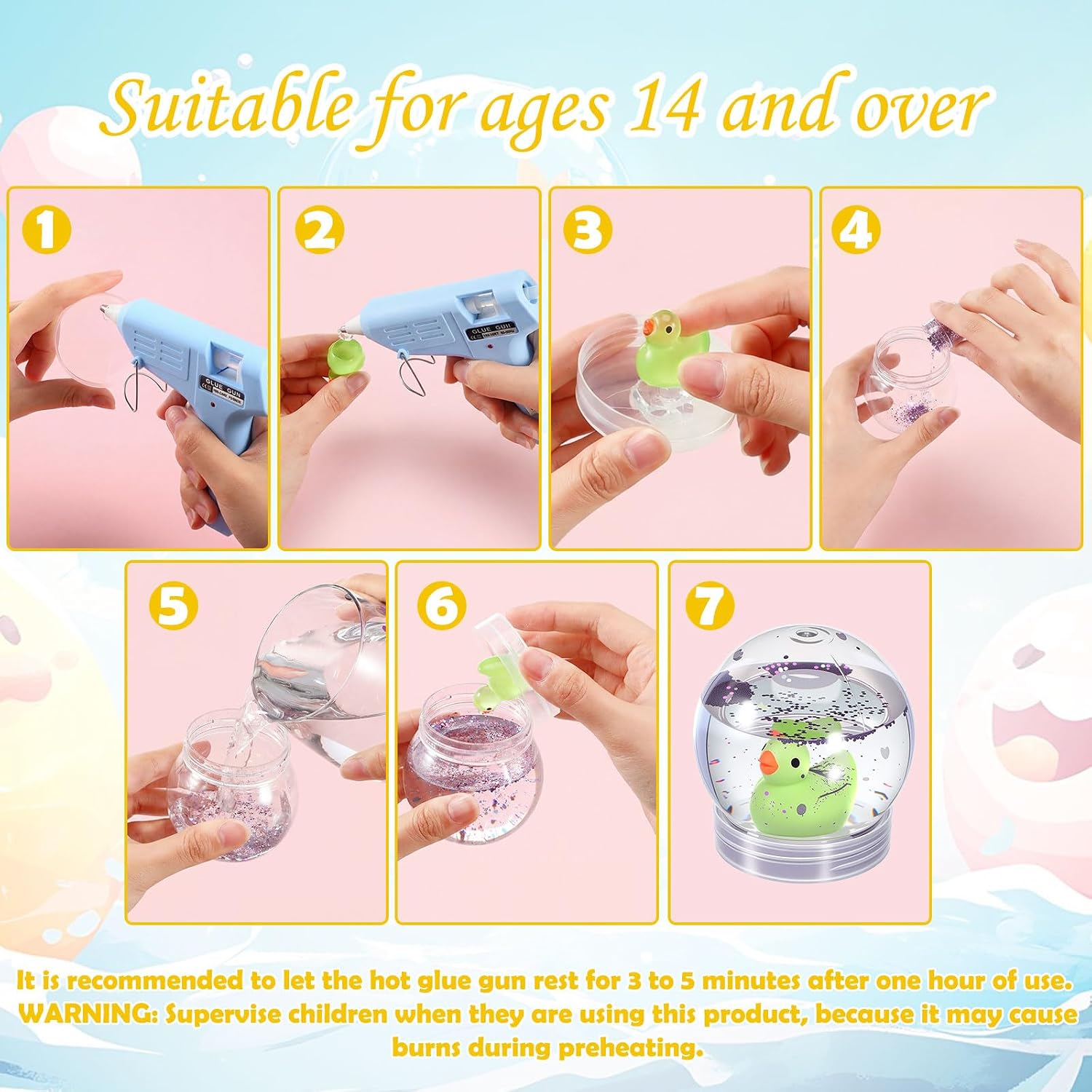 12 Sets DIY Duck Snow Globe Kit for Kids, 12 Globe Bottles, Glow in The Dark Duck Figurines, Glitter Sequins & Mini Hot Glue Gun, Summer Craft Activity Set, Birthday Party Favor